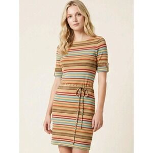 Lauren Ralph Lauren Dress Striped Boat Neck Tie Waist Knit Jersey Casual Modest